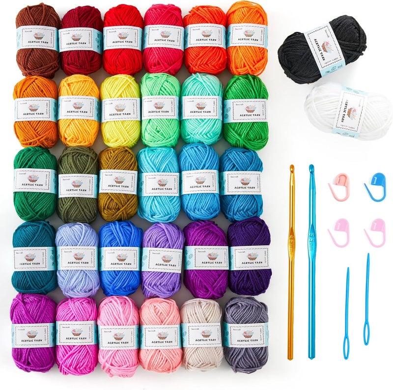 Inscraft طقم خيوط الكروشيه للمبتدئين، 1440 ياردة، 32 لون من خيوط الأكريليك، 2 إبرة كروشيه، 2 إبرة نسج، 4 علامات غرز، 1 حقيبة، للكروشيه والحياكة، هدية للبالغين - Image 1